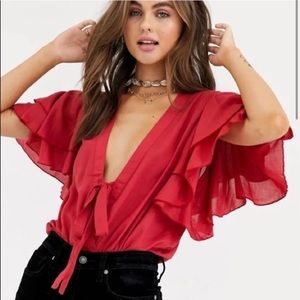 Free People Intimately Red Flutter Sleeve Bodysuit